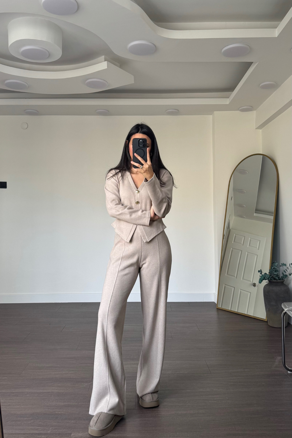 Gold Düğme Detaylı Pantolon Takım-Bej
