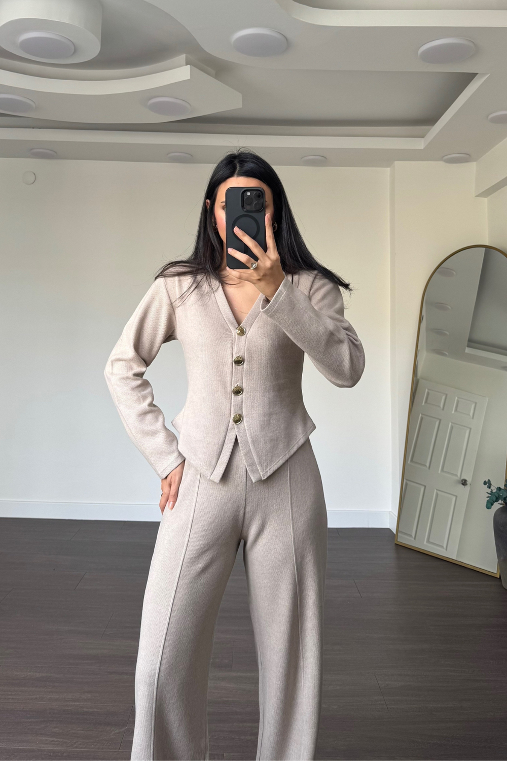 Gold Düğme Detaylı Pantolon Takım-Bej