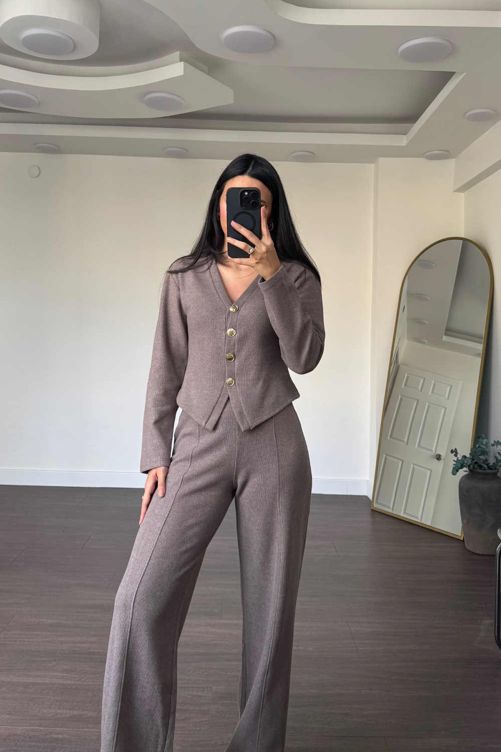 Gold Düğme Detaylı Pantolon Takım-Vizon