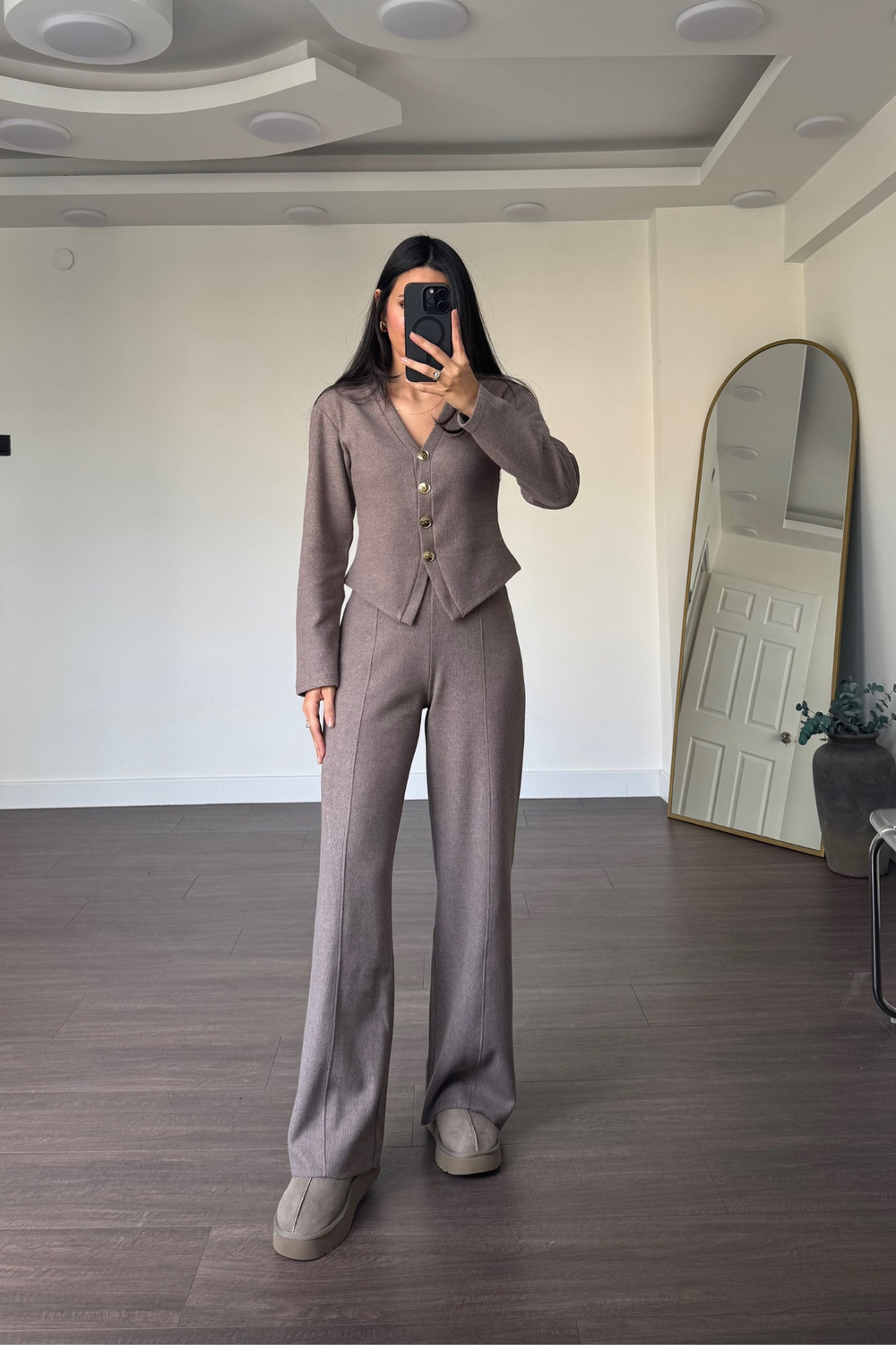 Gold Düğme Detaylı Pantolon Takım-Vizon