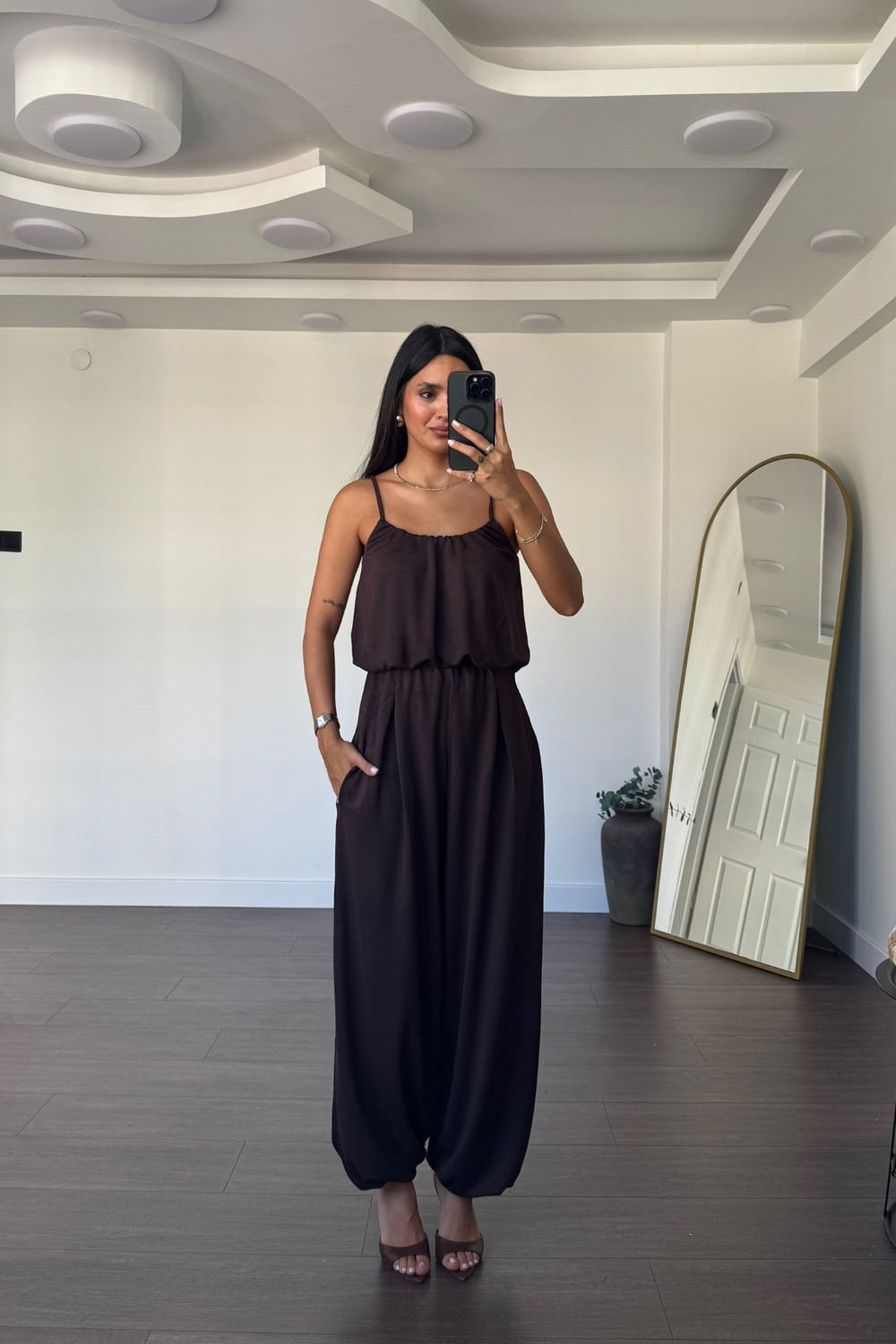 İp Askılı Bluz Şalvar Pantolon Takım-Kahve