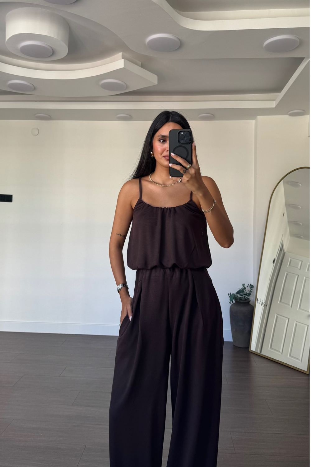 İp Askılı Bluz Şalvar Pantolon Takım-Kahve