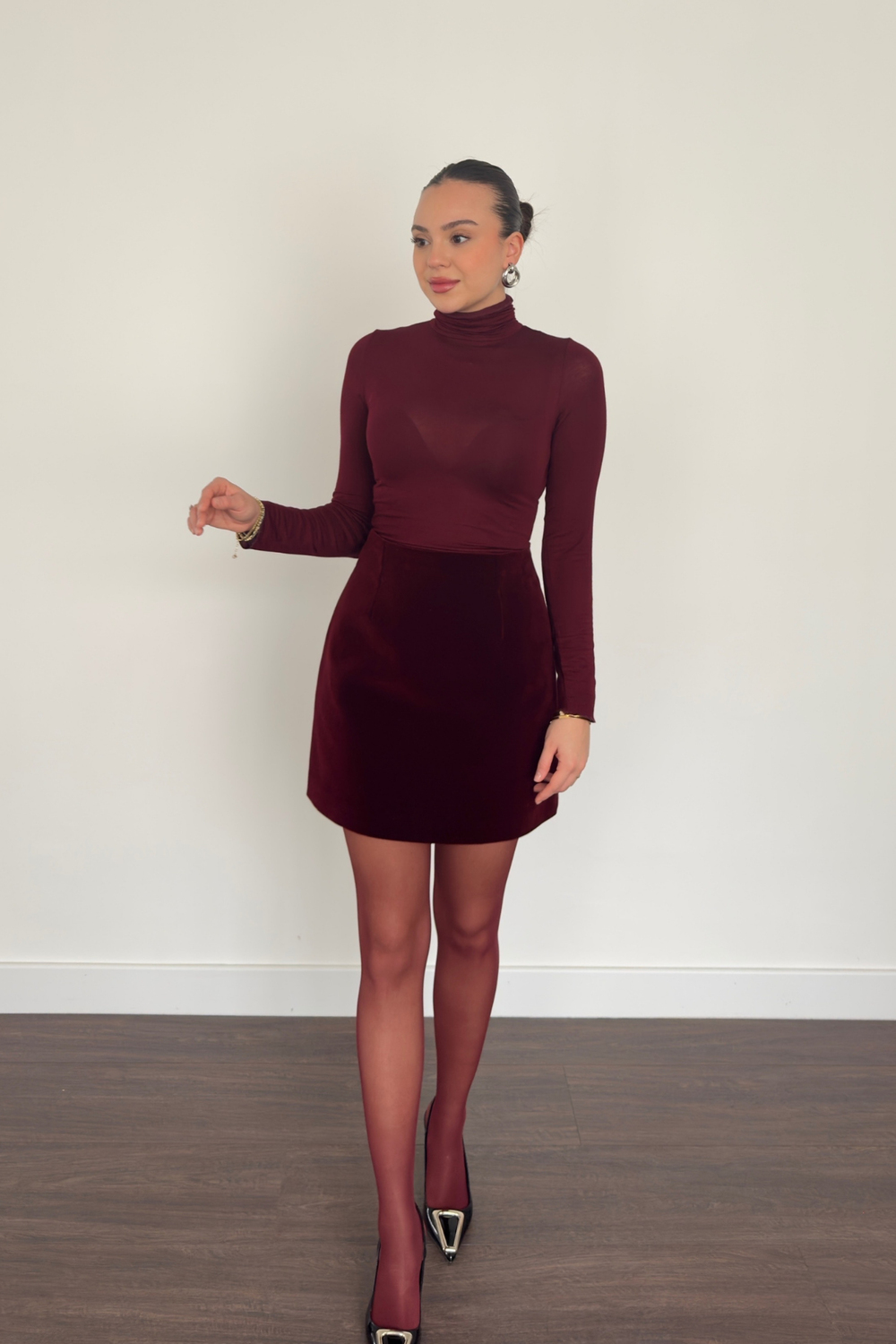 Kadife Mini Etek-Bordo