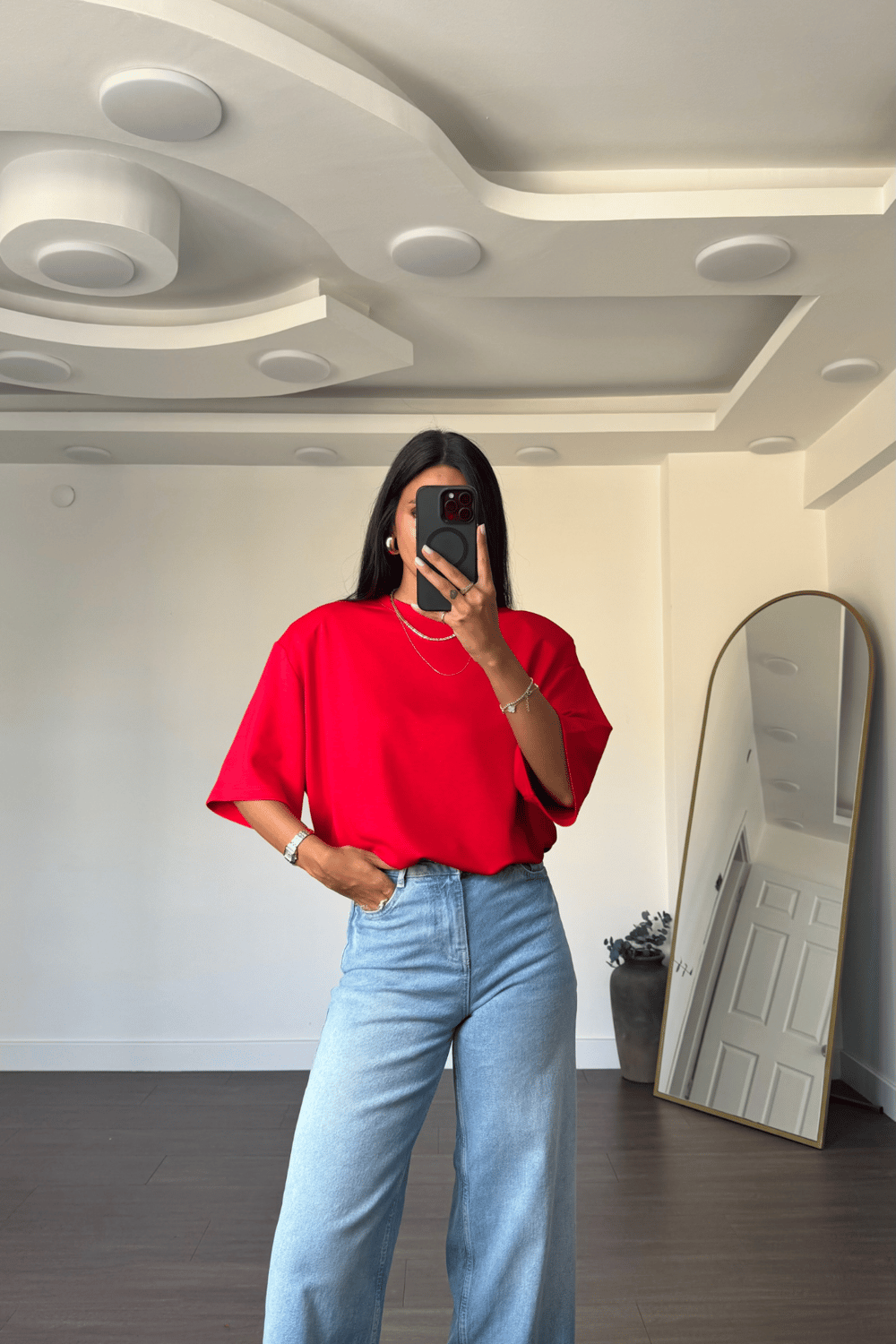 Kalp Sırt Dekolteli Oversize Bluz-Kırmızı