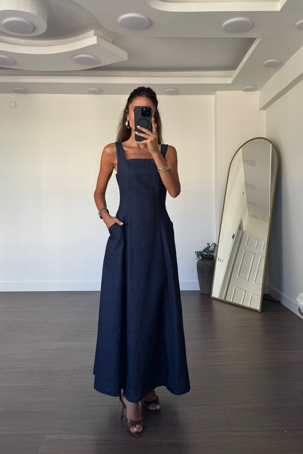 Kare Yaka Denim Tensel Elbise