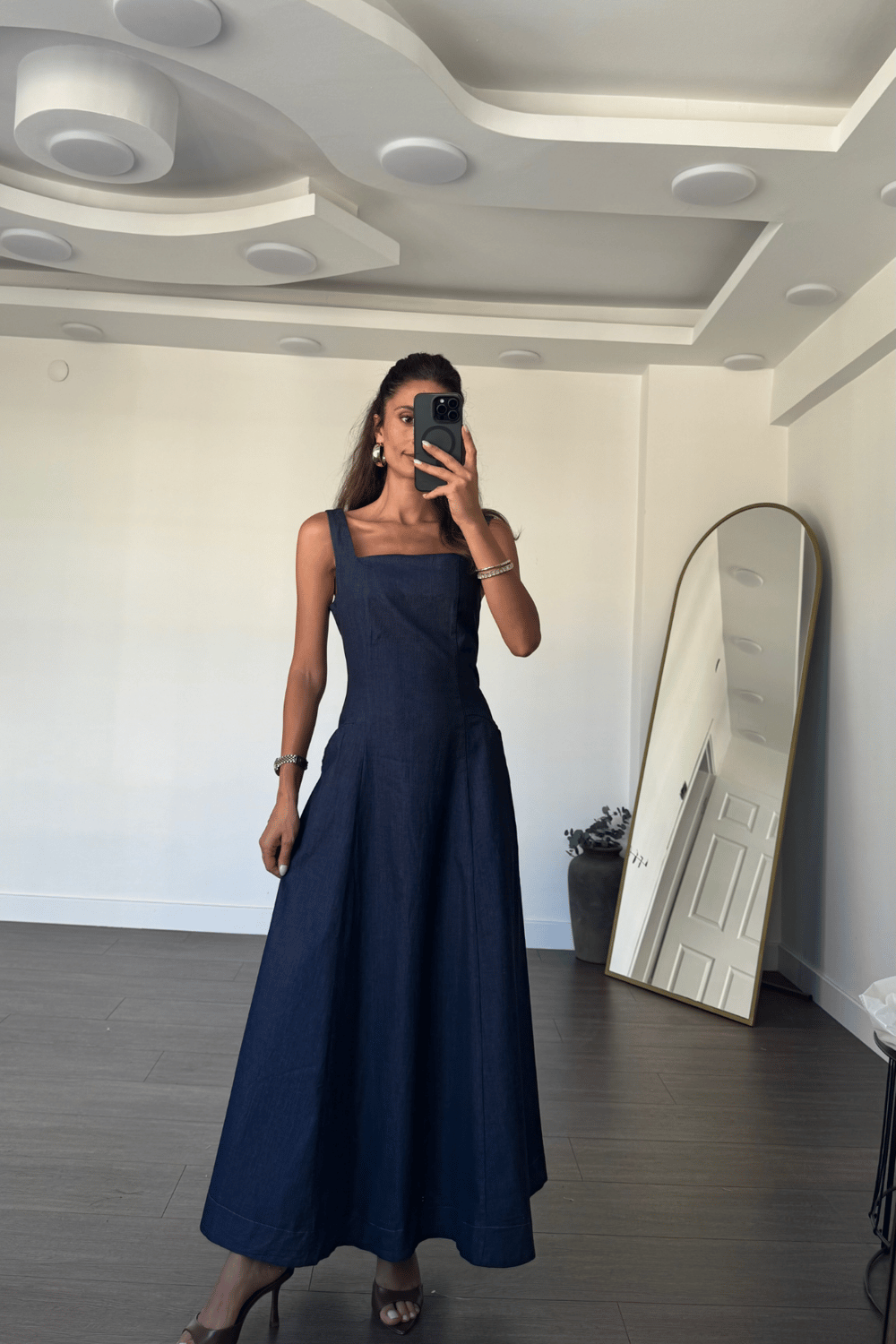 Kare Yaka Denim Tensel Elbise