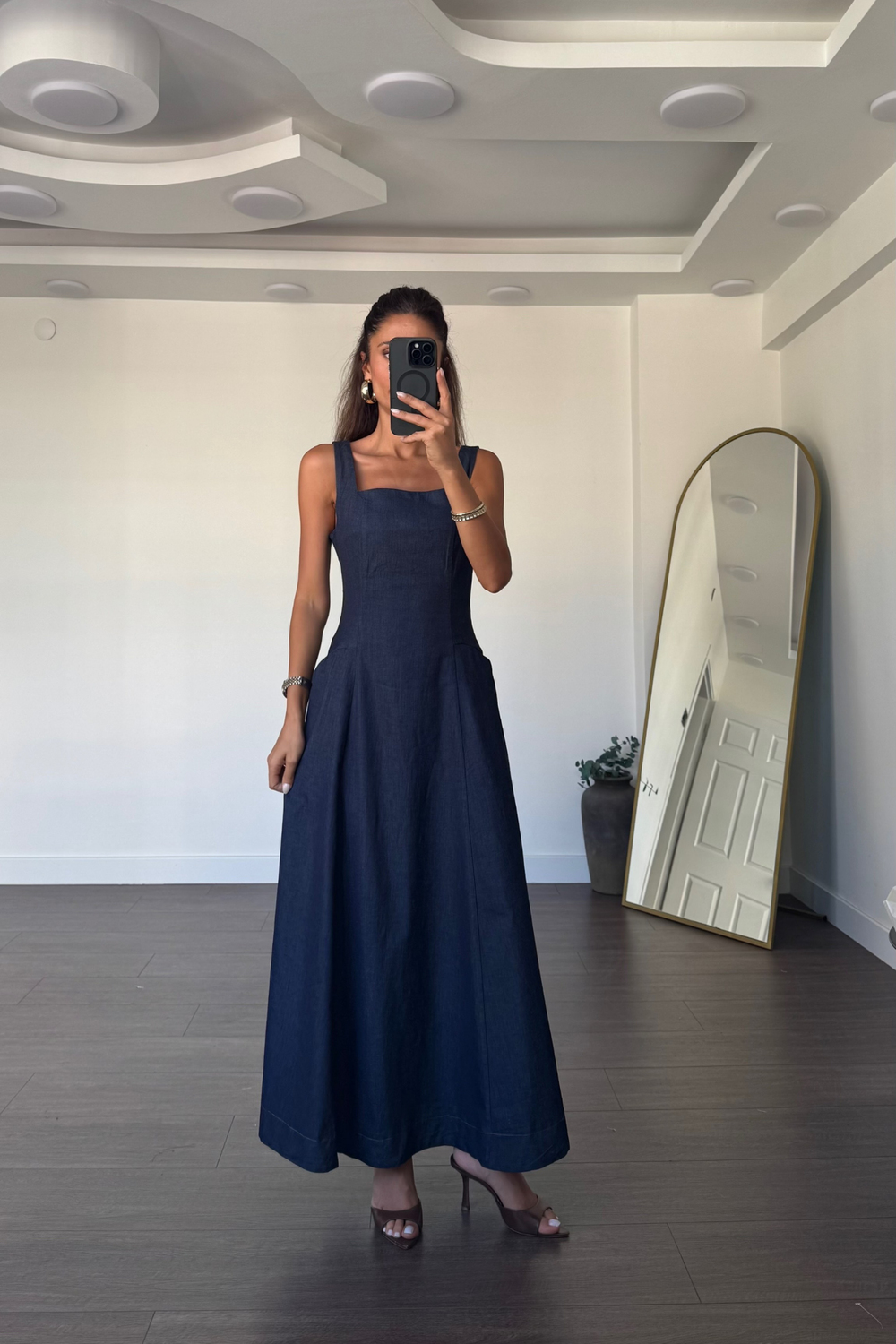 Kare Yaka Denim Tensel Elbise