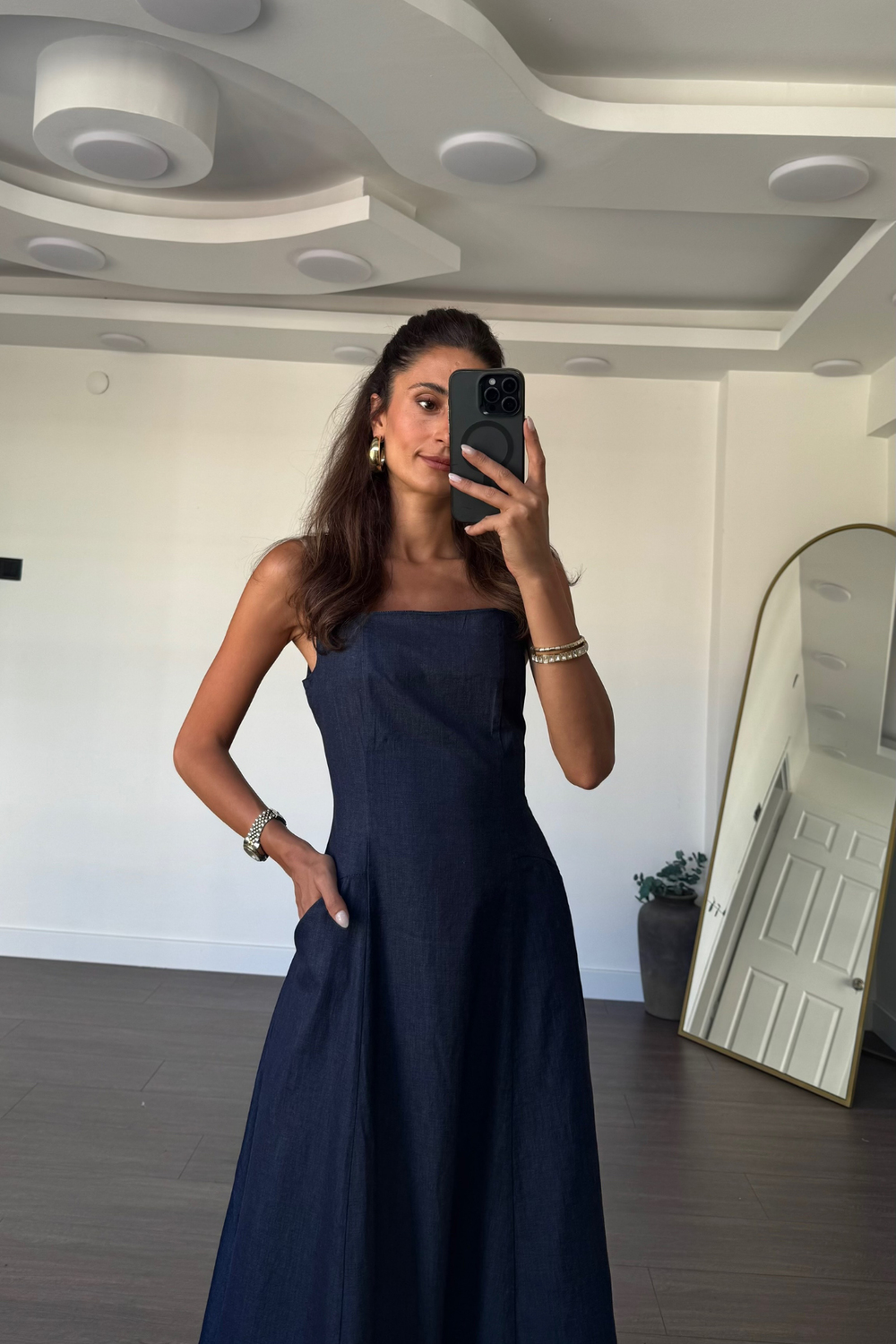 Kare Yaka Denim Tensel Elbise