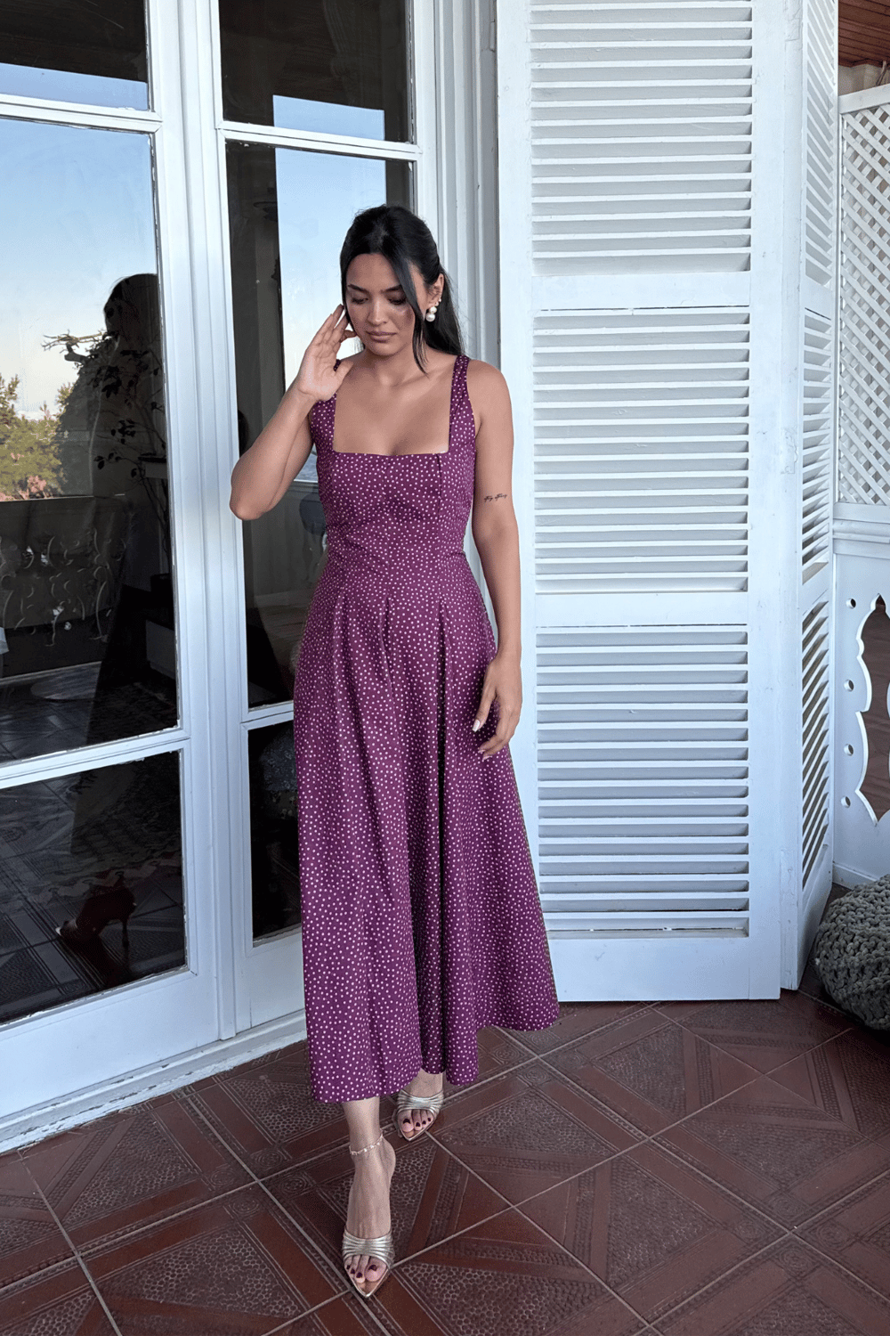 Kare Yaka Puantiyeli Elbise-Bordo