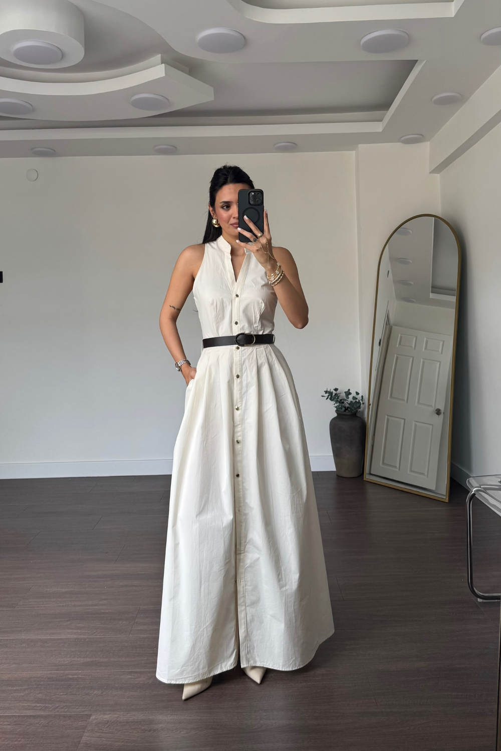 Kemerli Poplin Elbise-Ekru