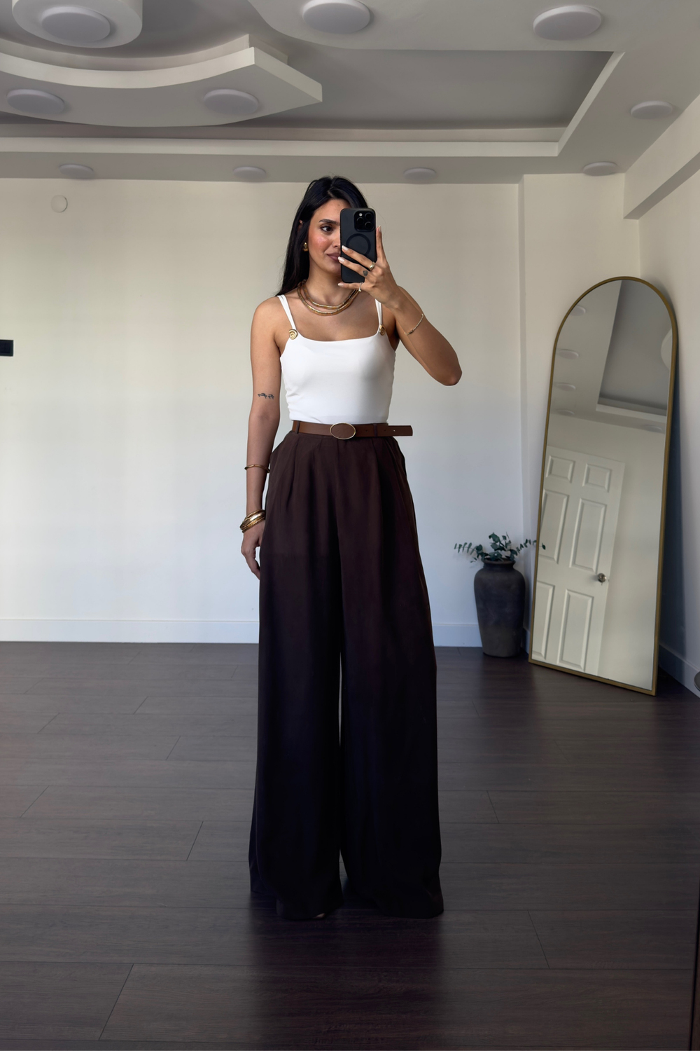 Kemerli Tensel  Pantolon-Kahve