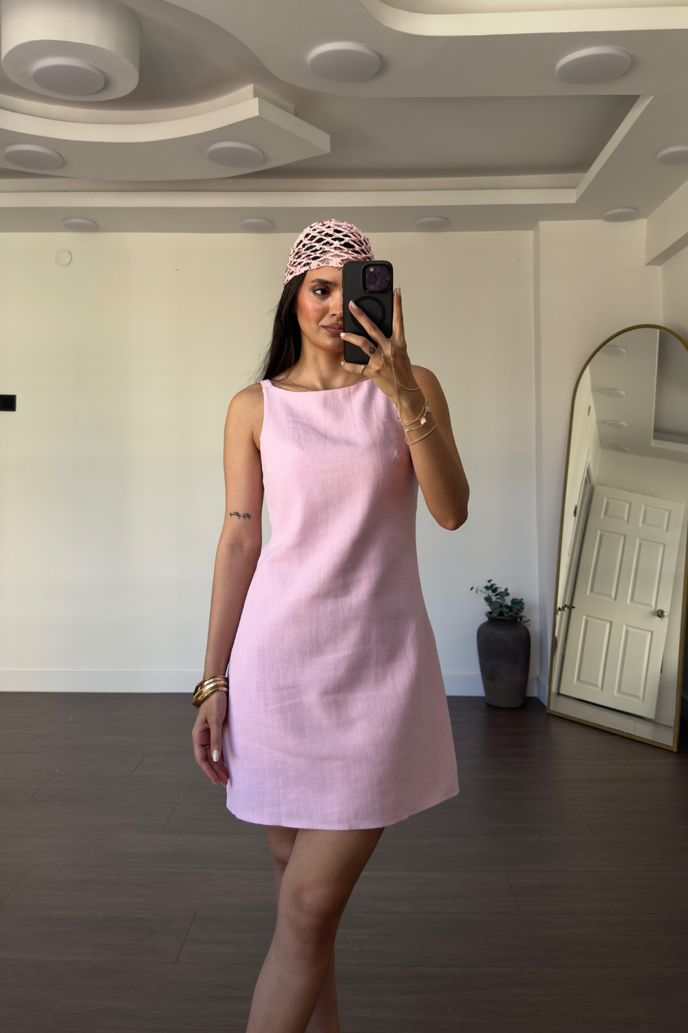 Keten Elbise-Pembe