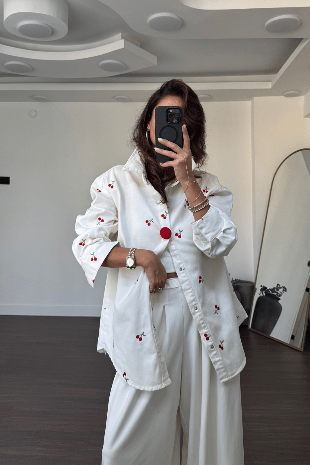 Kiraz Nakışlı Gabardin Gömlek Ceket-Ekru