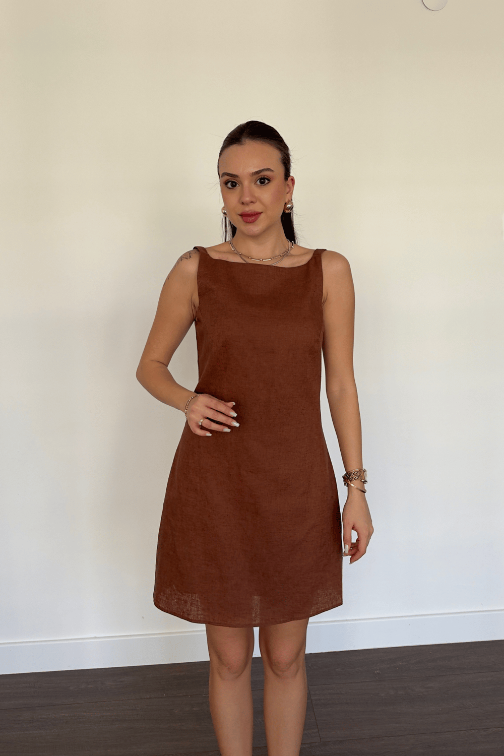 Kiremit Keten Askılı Elbise