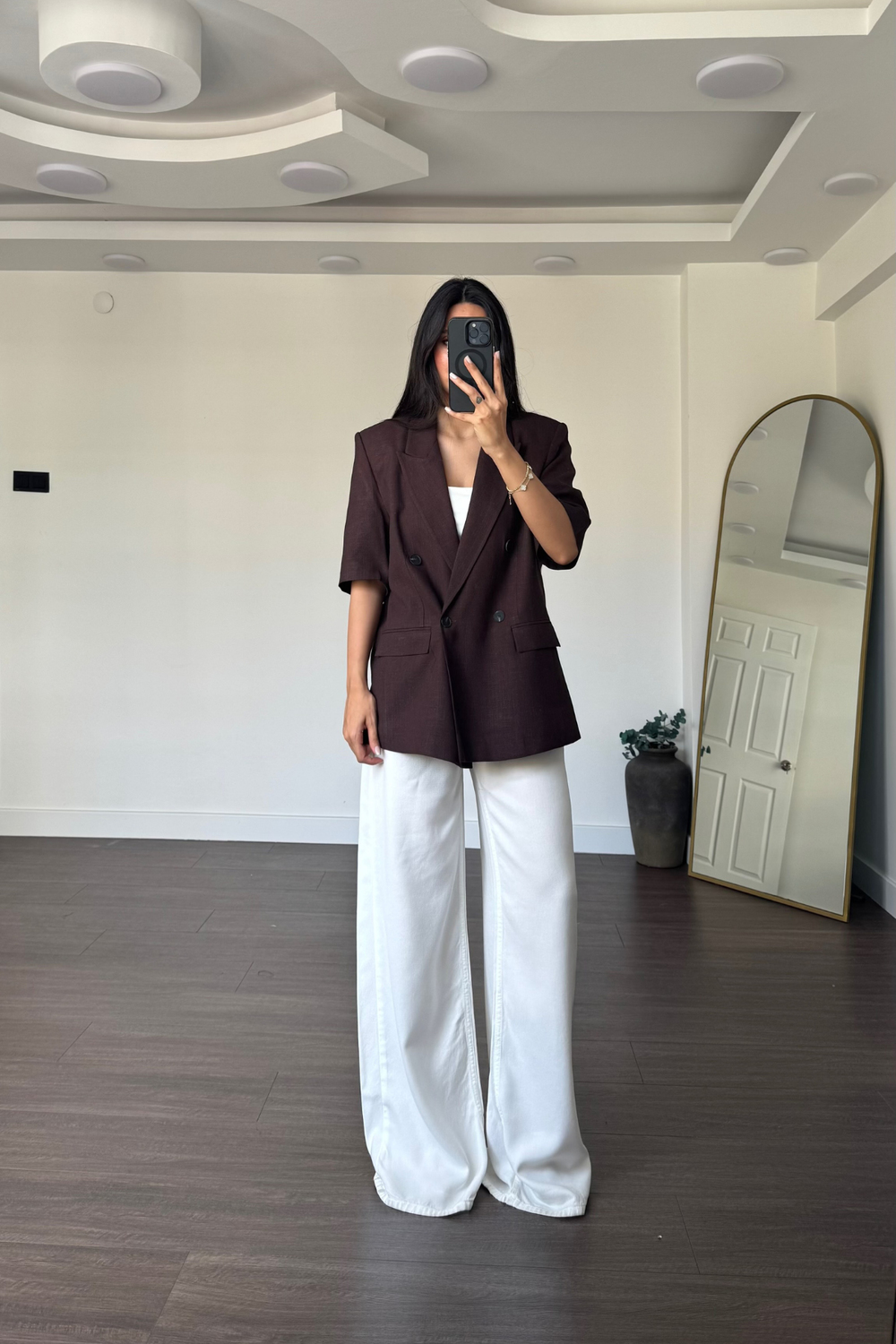 Kısa Kollu Keten Blazer Ceket-Kahve