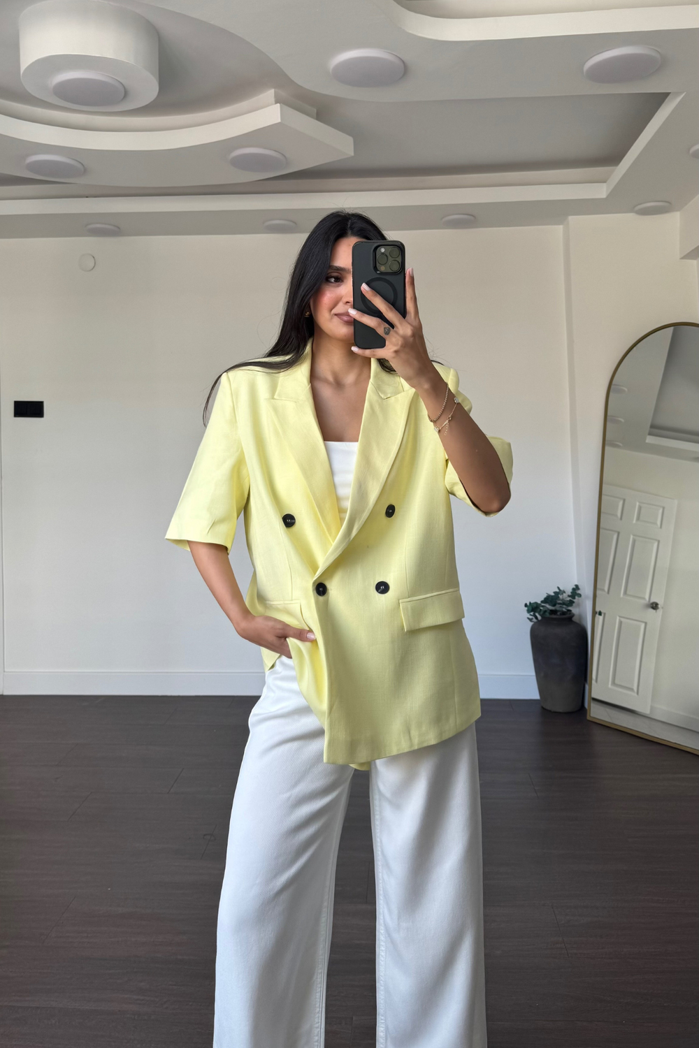 Kısa Kollu Keten Blazer Ceket-Sarı