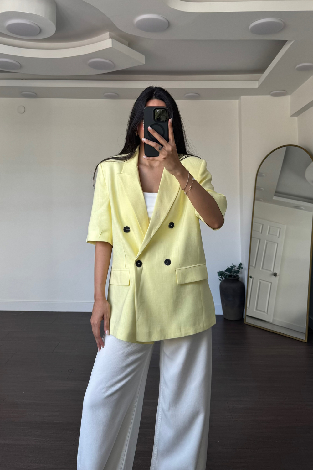 Kısa Kollu Keten Blazer Ceket-Sarı