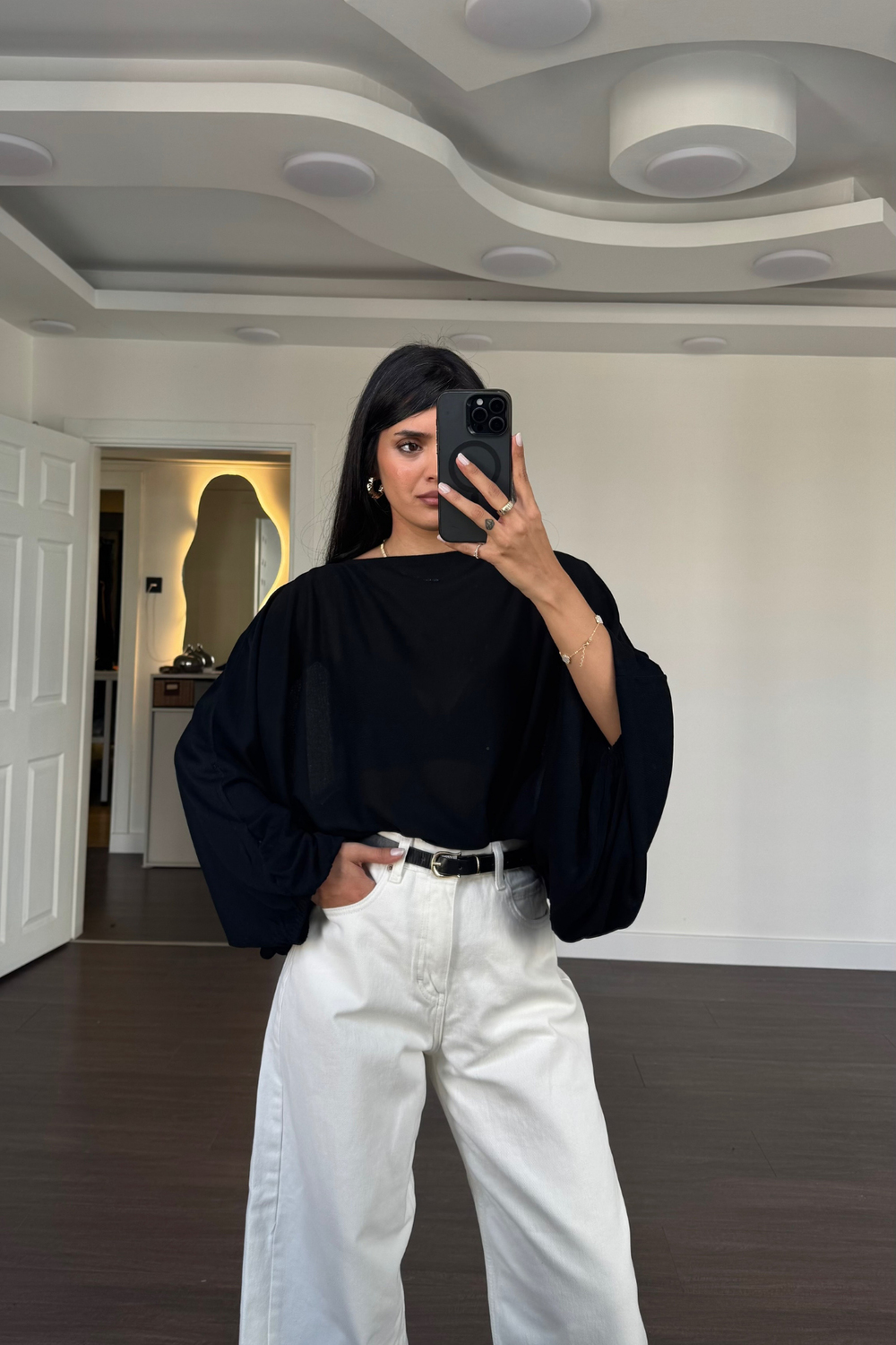 Kolları Lastikli Oversize Bluz-Siyah