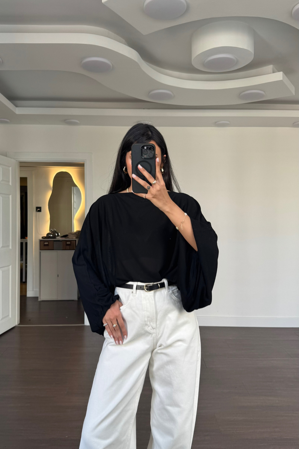 Kolları Lastikli Oversize Bluz-Siyah