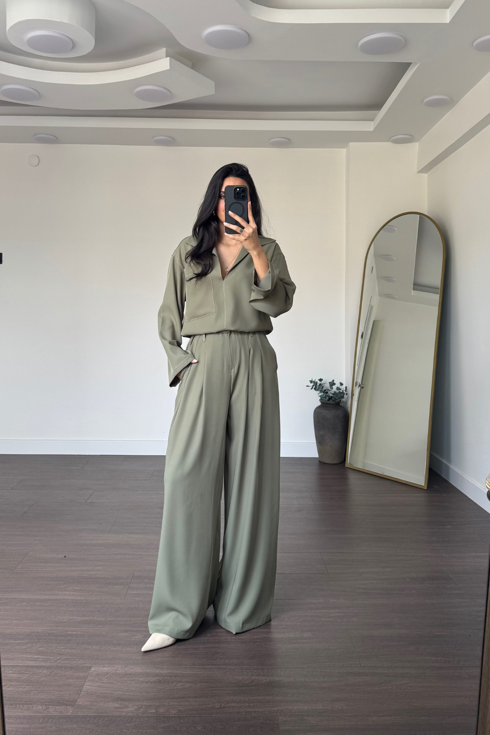 Kontrast Dikişli Bluz Pantolon Takım-Haki
