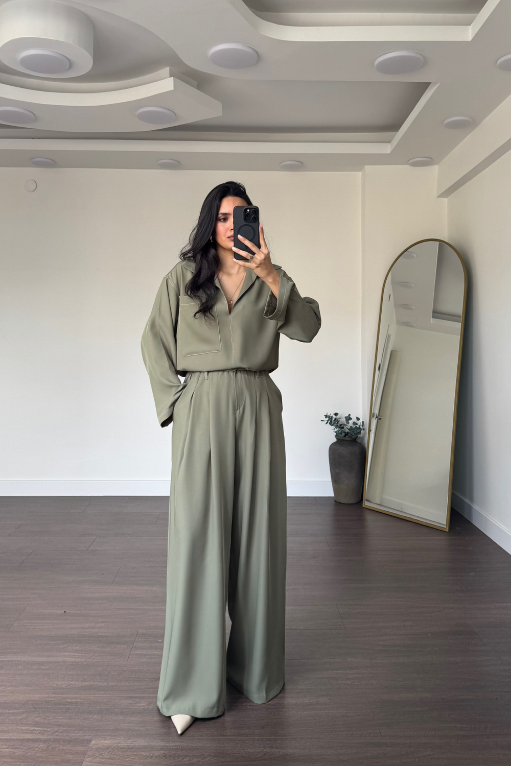 Kontrast Dikişli Bluz Pantolon Takım-Haki