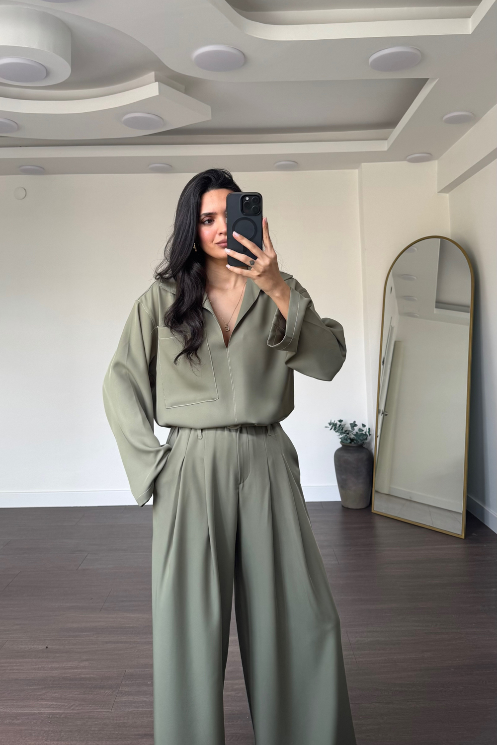 Kontrast Dikişli Bluz Pantolon Takım-Haki