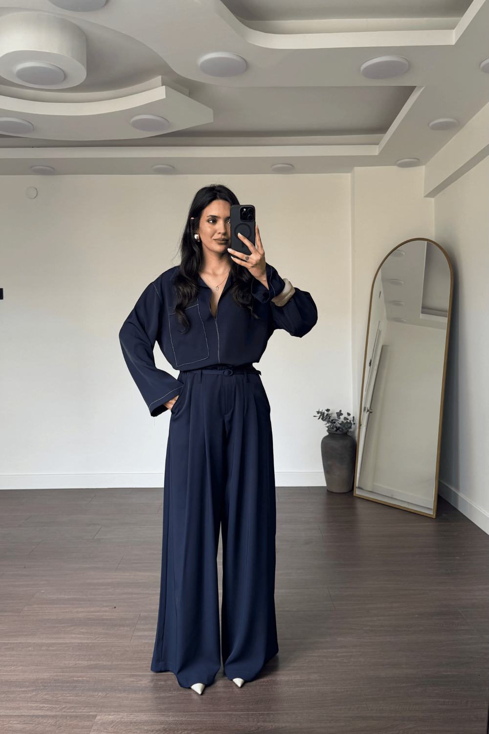 Kontrast Dikişli Bluz Pantolon Takım-Lacivert