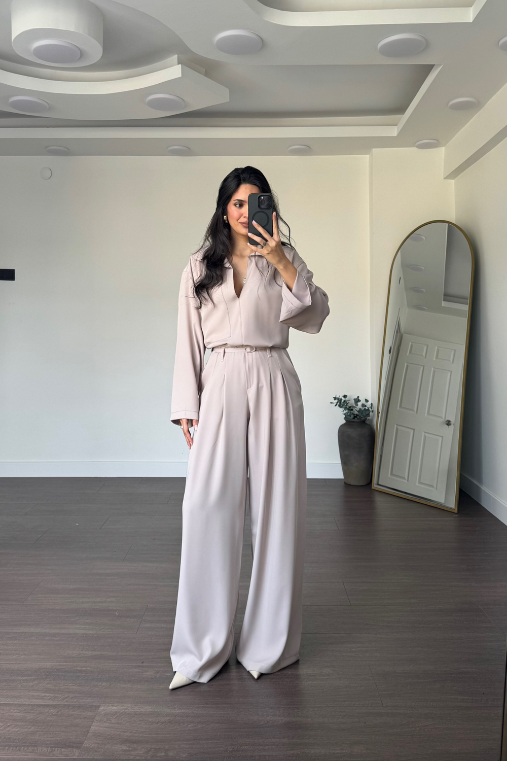 Kontrast Dikişli Bluz Pantolon Takım-Taş