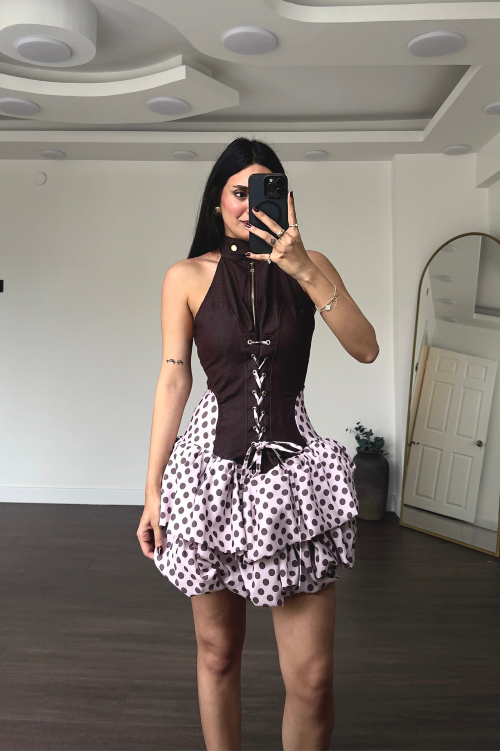 Korse Detaylı Kat Kat Etekli Elbise-Pembe