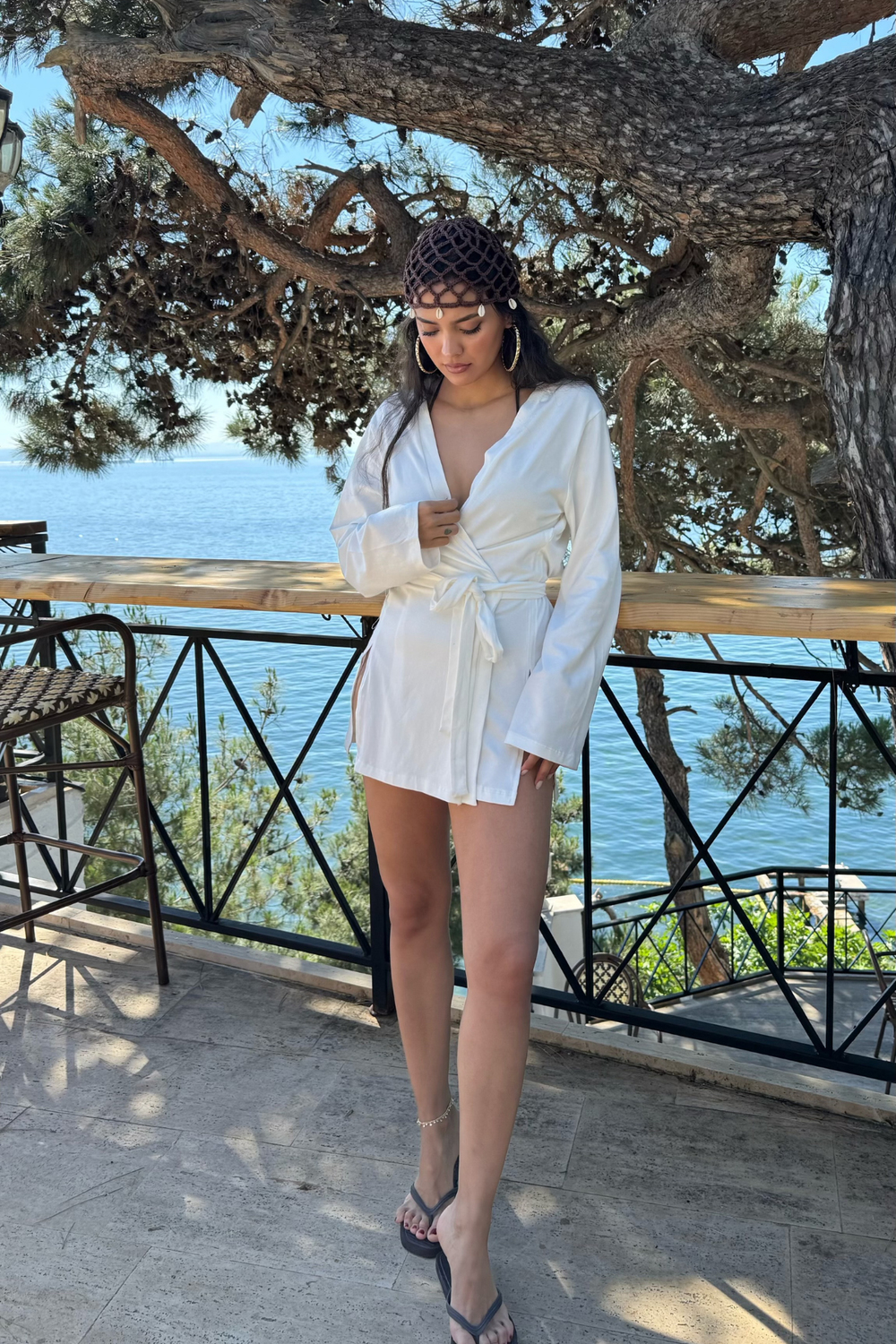Kruvaze Bağlamalı Kimono Elbise-Ekru