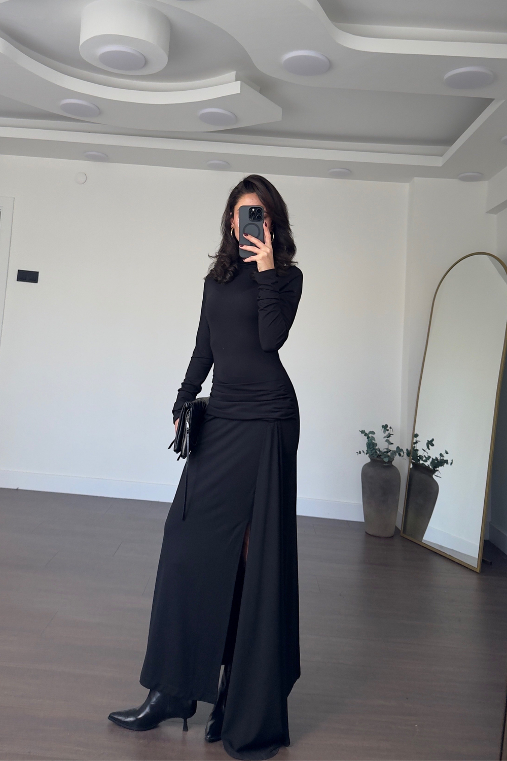 Kuşak Detaylı Elbise-Siyah