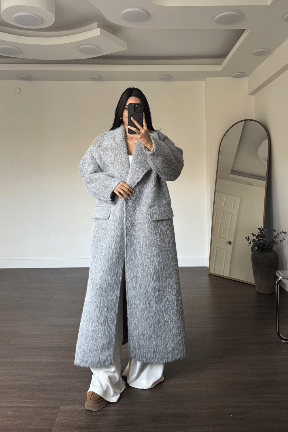 Kuşaklı Oversize Kaban-Gri