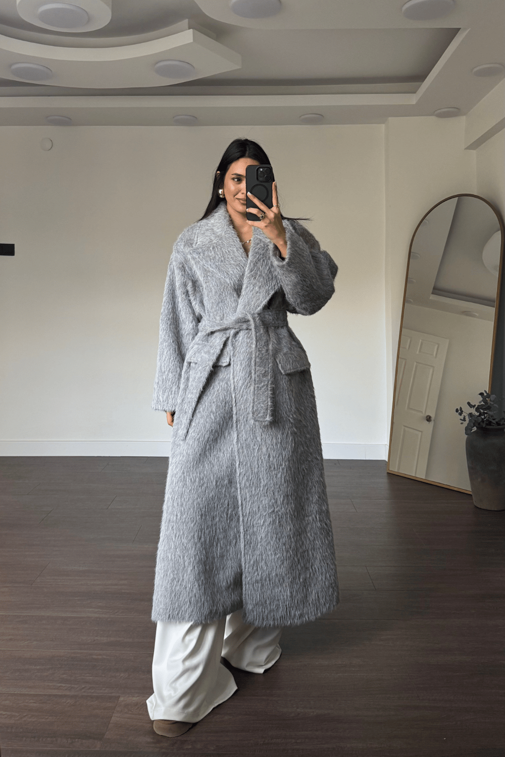 Kuşaklı Oversize Kaban-Gri