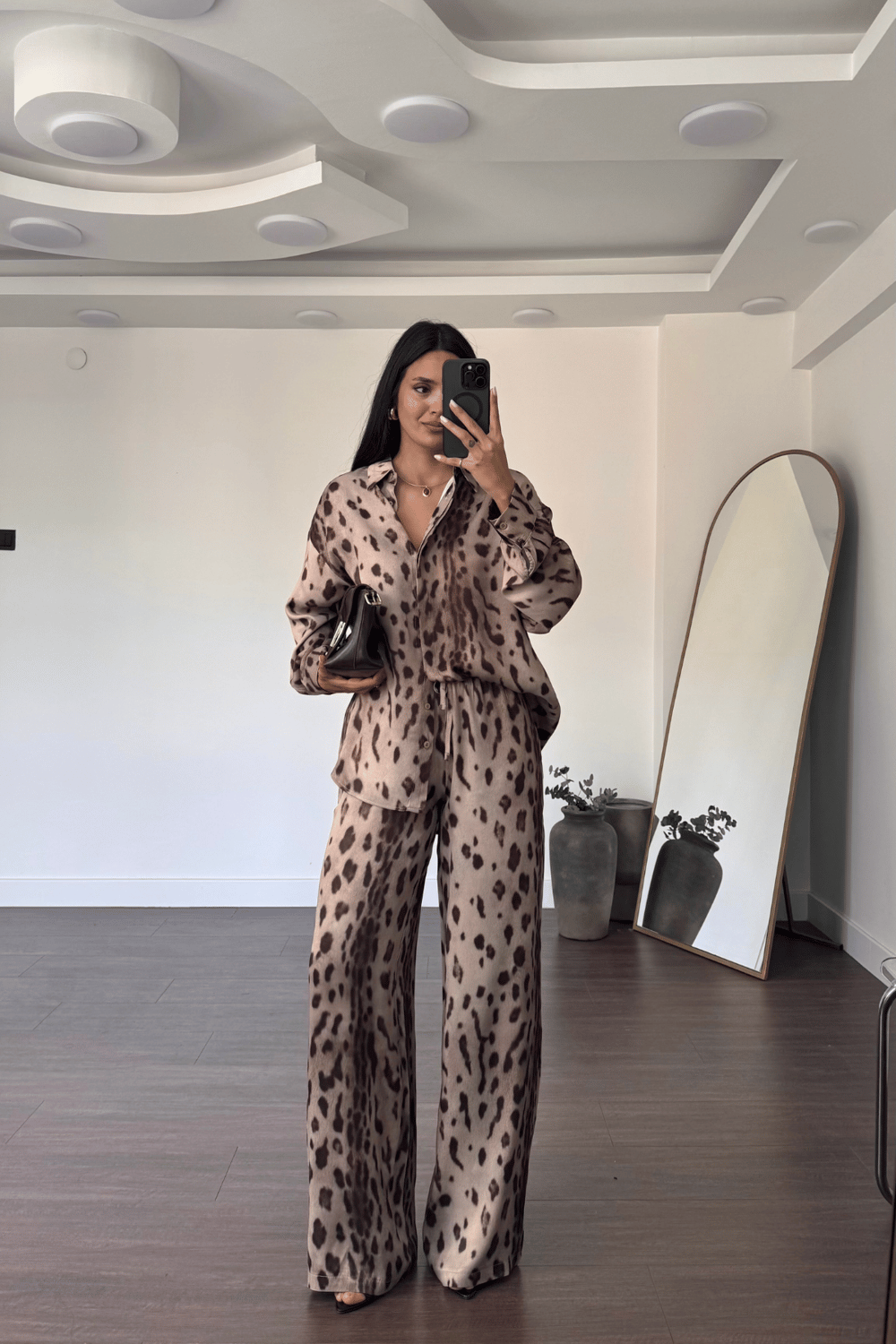 Leopar Gömlek Pantolon Saten Takım