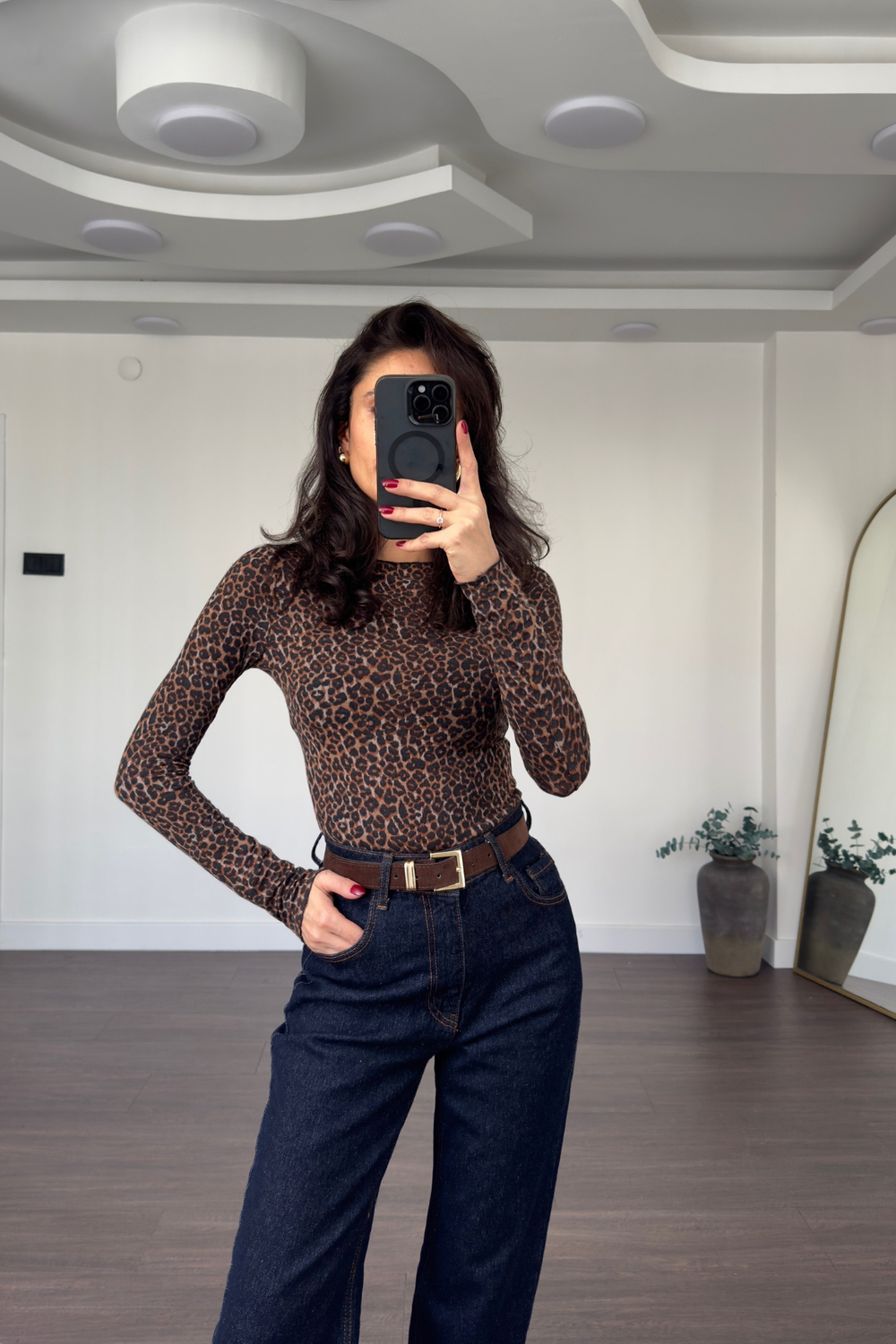 Leopar Desen Kaşmir Bluz-Siyah