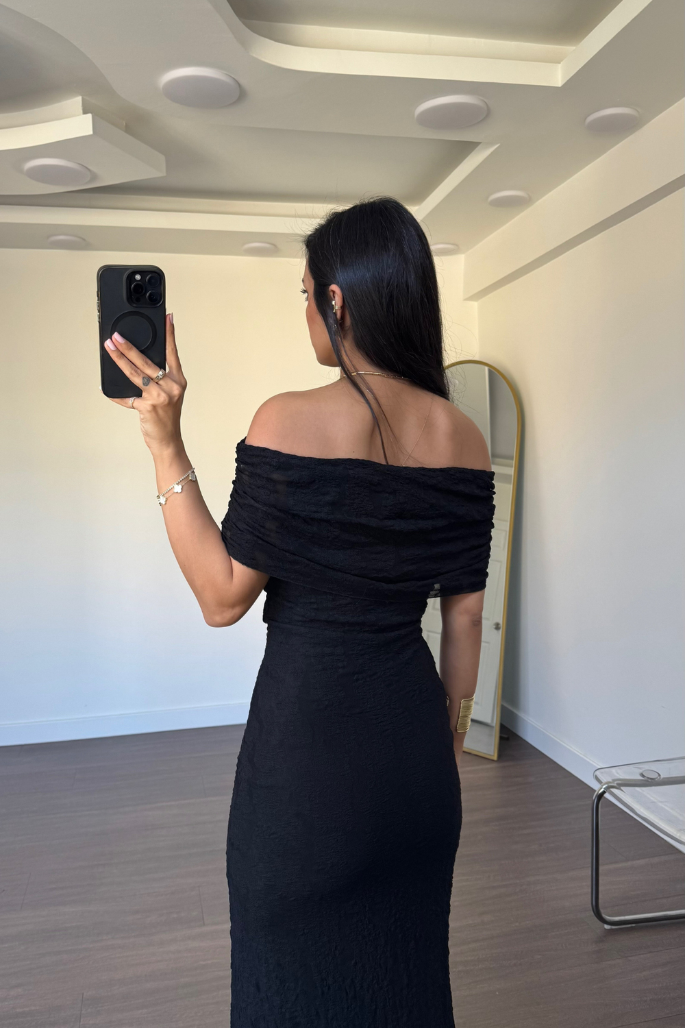 Madonna Yaka Dantel Maxi Elbise-Siyah
