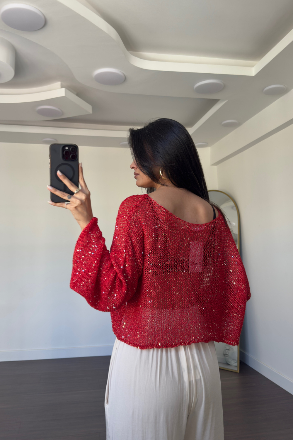 Merserize Pullu Crop Bluz-Kırmızı
