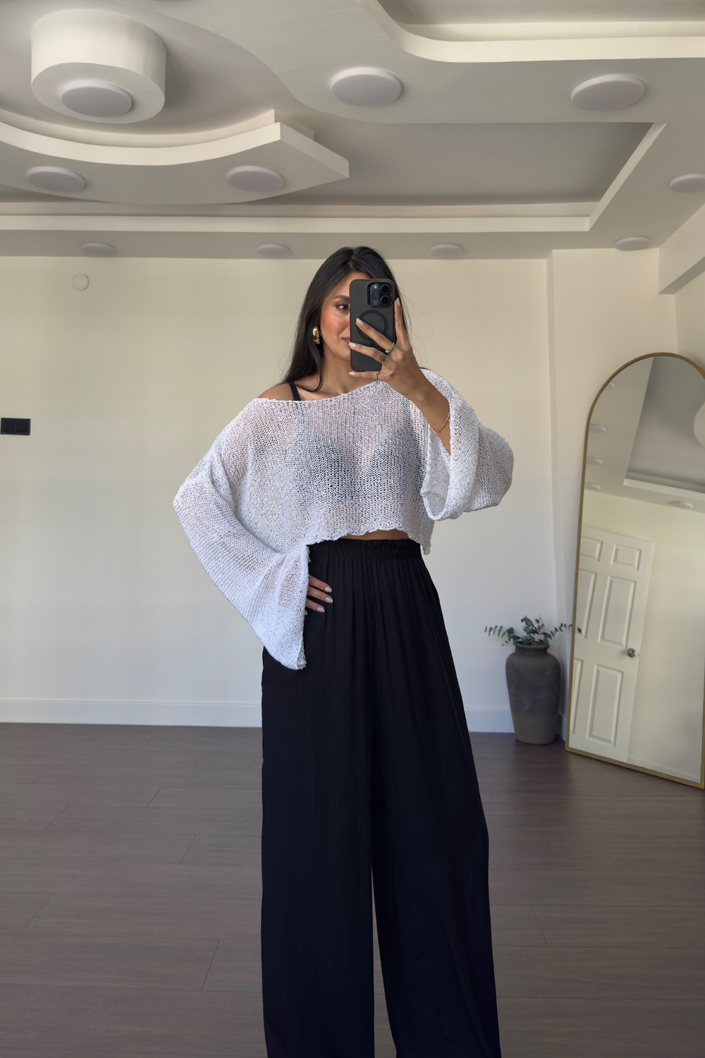 Merserize Pullu Crop Bluz-Beyaz