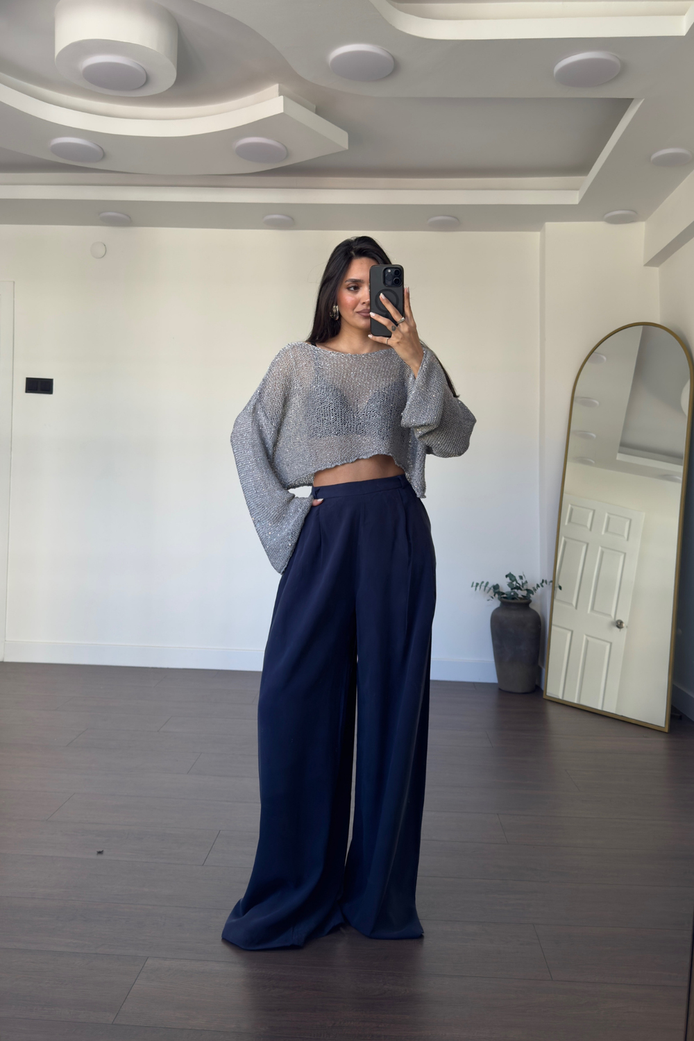 Merserize Pullu Crop Bluz-Gri