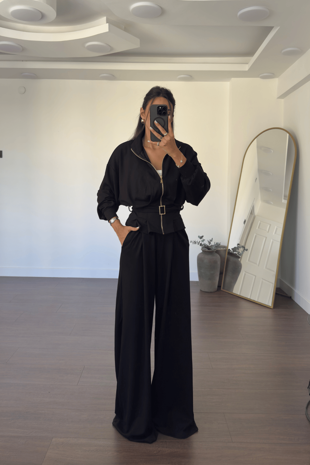 Modal Kumaş Kemerli Üst Pantolon Takım-Siyah