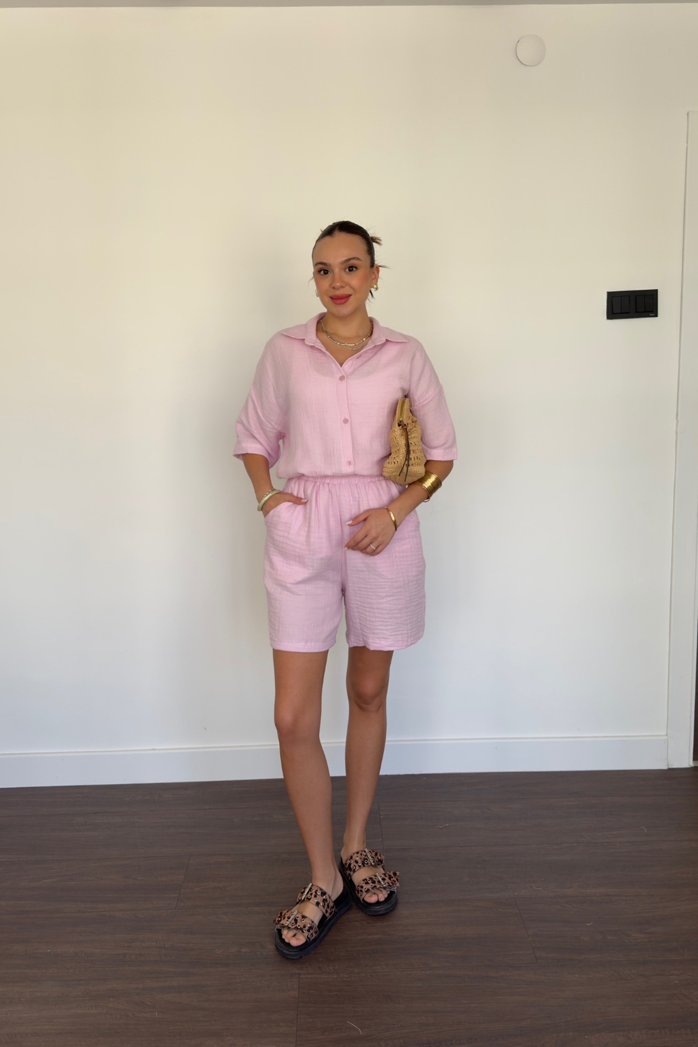 Müslin Gömlek Şort Takım-Pembe