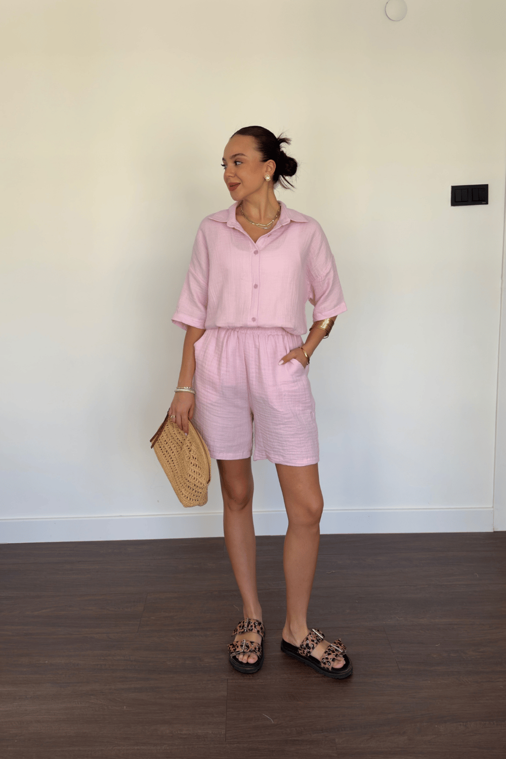 Müslin Gömlek Şort Takım-Pembe