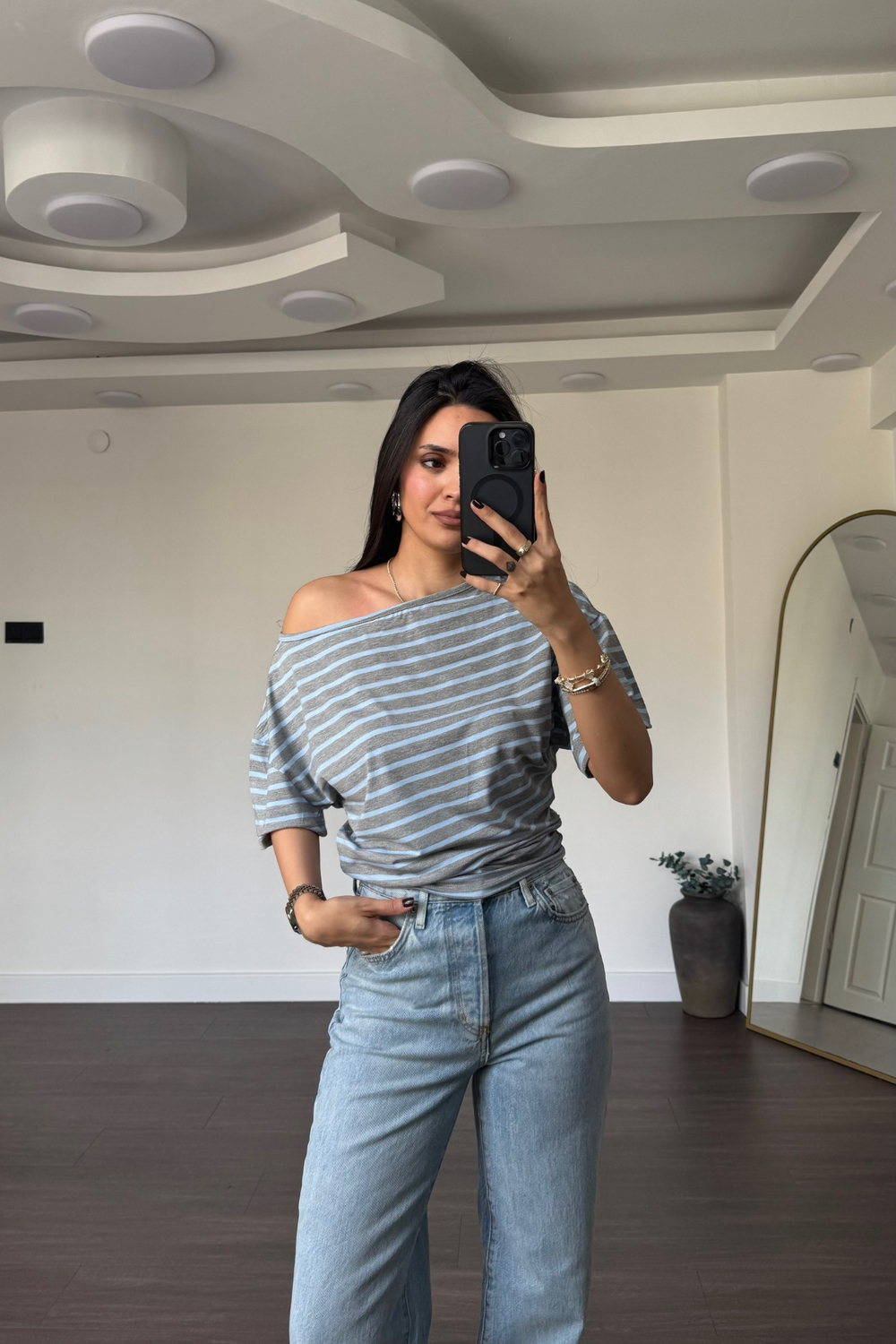 Omuz Düşük Çizgili Bluz-Mavi