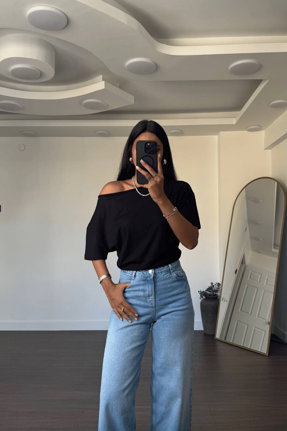 Omuz Düşük Yarasa Kol Bluz-Siyah