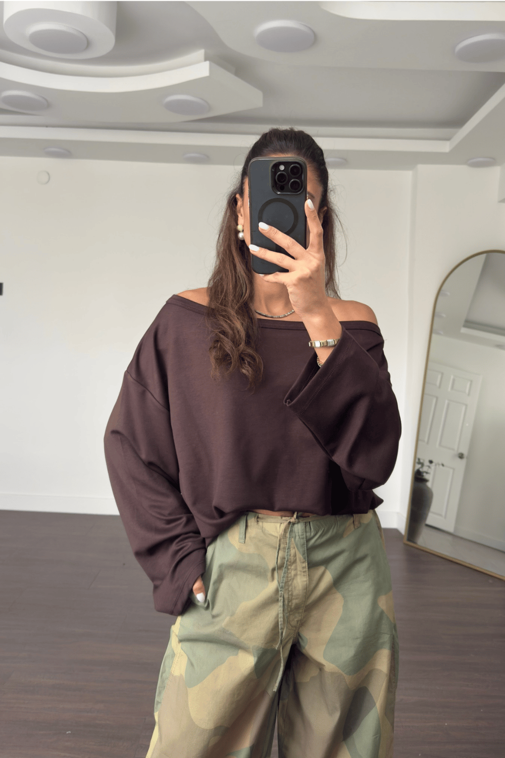 Omuz Düşük Yarasa Kol Oversize Bluz-Kahve