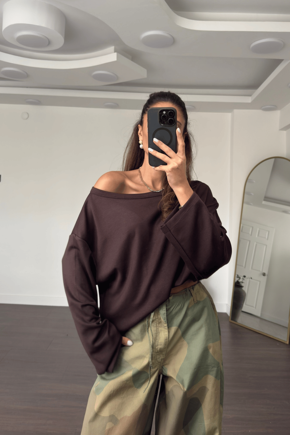 Omuz Düşük Yarasa Kol Oversize Bluz-Kahve