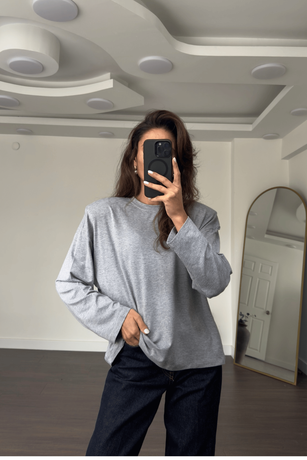 Omuz Vatkalı Uzun Kollu Tshirt-Gri