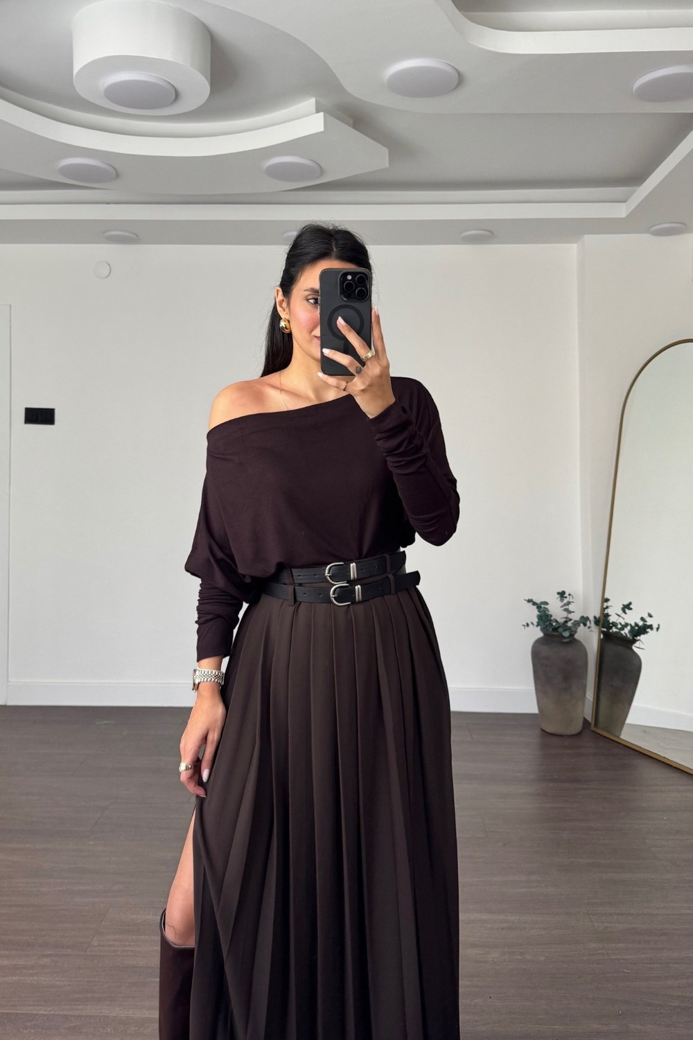 Omuzu Düşük Yarasa Kol Bluz-Kahve