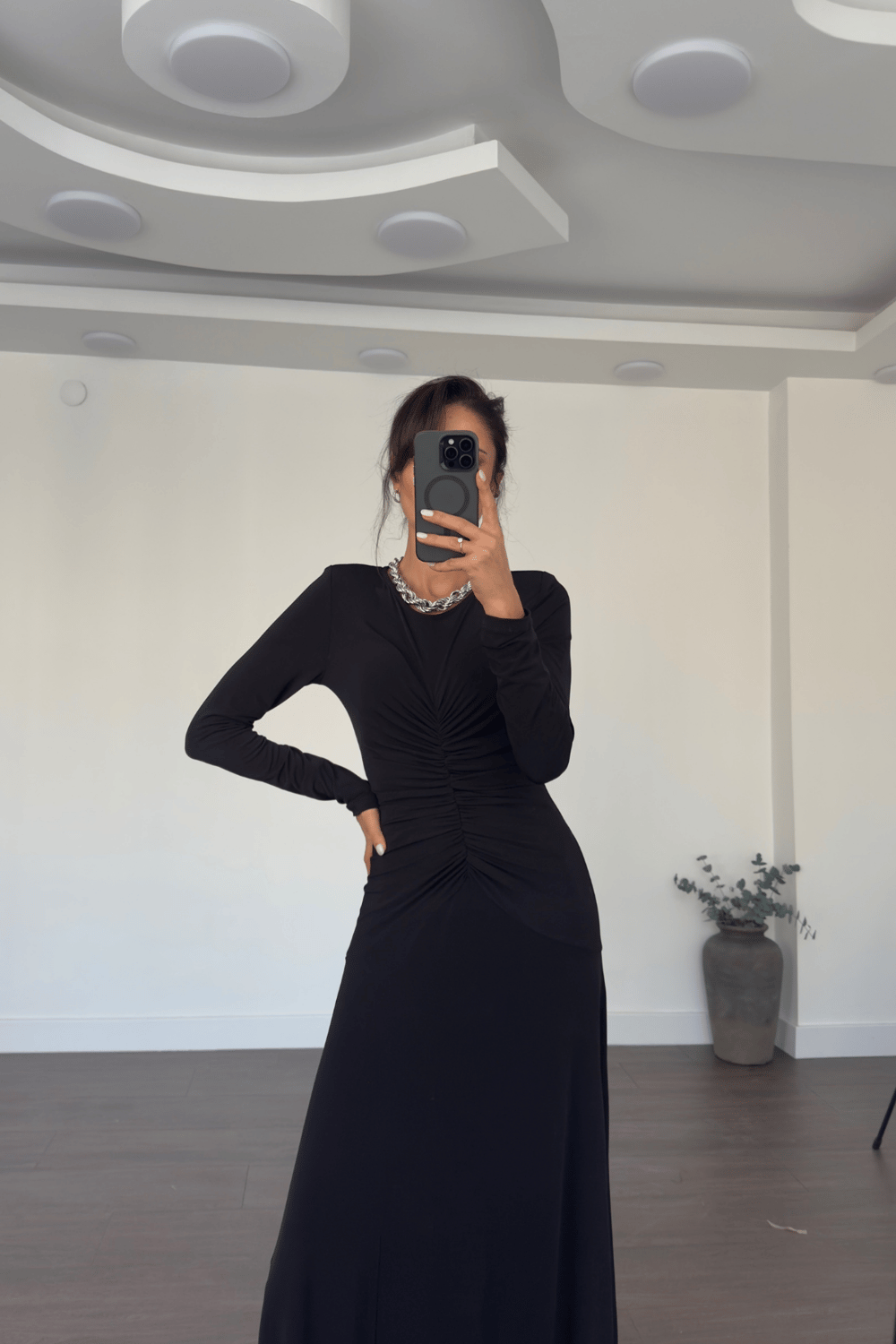 Önden Drape Detay Maxi Boy Elbise-Siyah