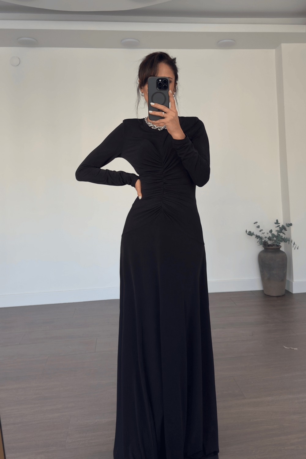Önden Drape Detay Maxi Boy Elbise-Siyah